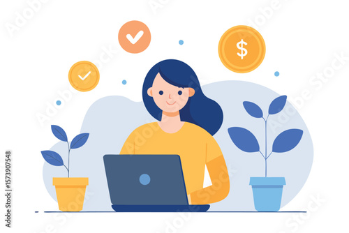A woman is working on her laptop to earn money and achieve financial success