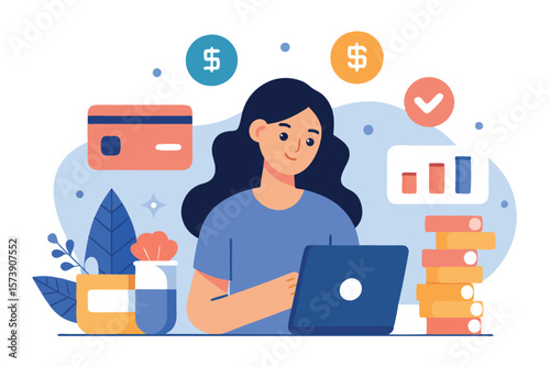 A woman is managing her finances online using a laptop and credit card