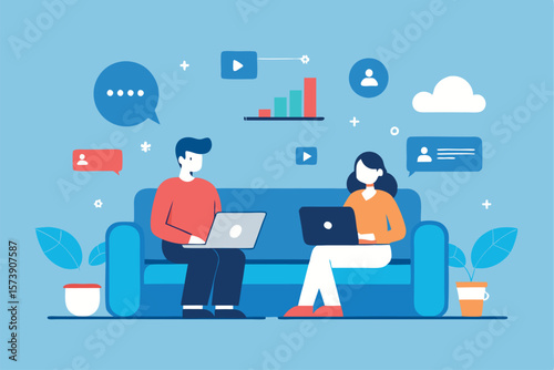 A couple is working remotely on their laptops, collaborating on a digital project