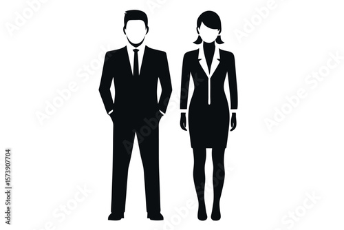 A man and woman in business attire stand side by side isolated on white background