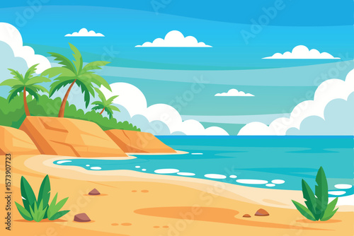 A serene tropical beach with palm trees and turquoise waters under a cloudy sky