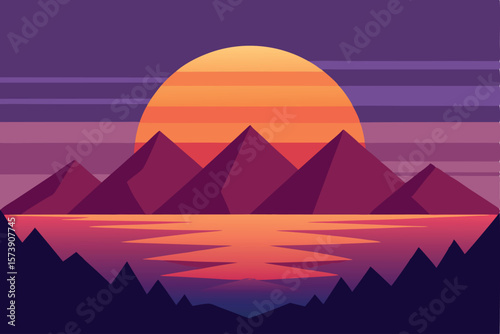 A vibrant sunset over majestic mountains reflected in calm waters