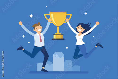 A team celebrates their success by jumping with joy and holding a golden trophy
