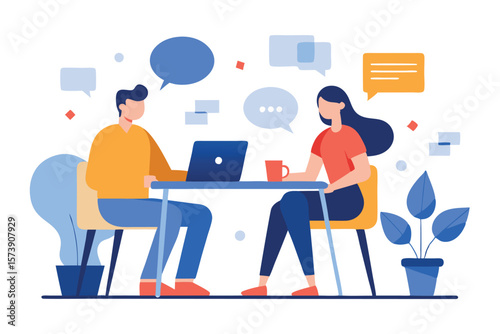 Two colleagues are having a discussion at the office with speech bubbles and a laptop