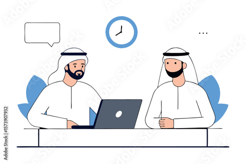 Two arab businessmen are having a meeting at the office with a laptop and speech bubble