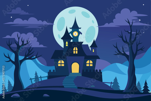 A spooky haunted castle under a full moon on halloween night with bare trees