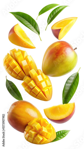 flying mango fruit and half slices isolated on transparent white background, clipping path