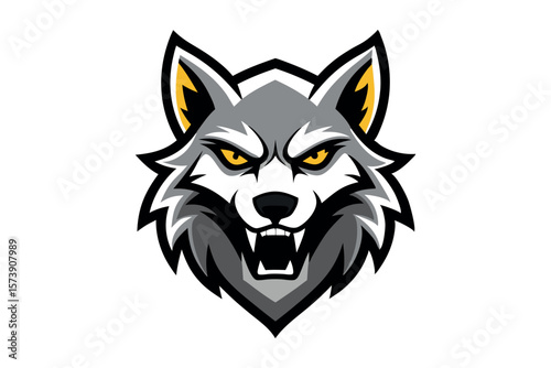 A ferocious wolf mascot logo isolated on white background with an aggressive expression