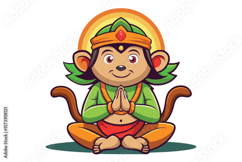 A cute cartoon monkey is sitting in a yoga pose isolated on white background