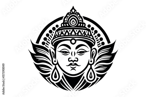 A serene buddha face in black and white, isolated on white background, radiates peace