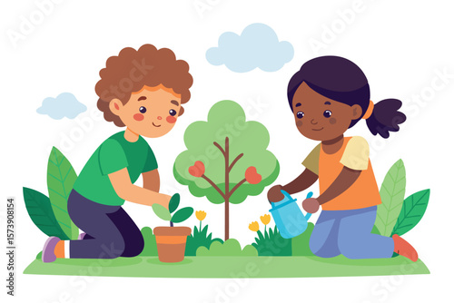 Two children are planting a tree together in a garden, illustrating the joy of nature