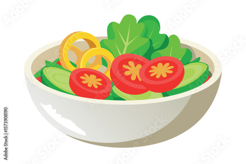 A bowl of fresh salad with tomatoes, cucumbers, lettuce, and onions isolated on white background