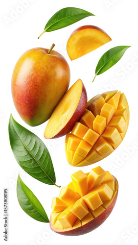 flying mango fruit and half slices isolated on transparent white background, clipping path