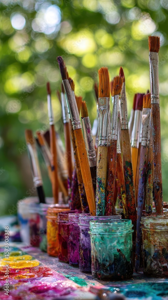 Obraz premium Colorful Paintbrushes in Jars with Paint Artistic Tools for Painting Creative Expression and Art Supplies