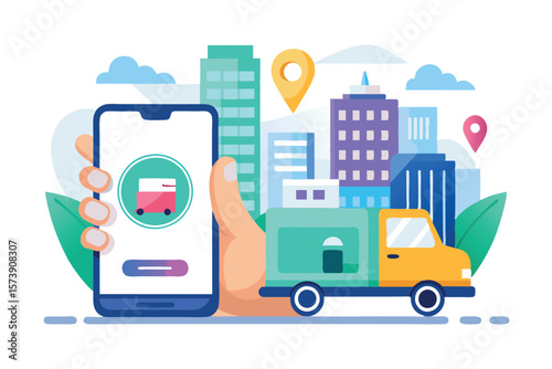 A hand holds a phone with a delivery app interface next to a delivery truck in a city
