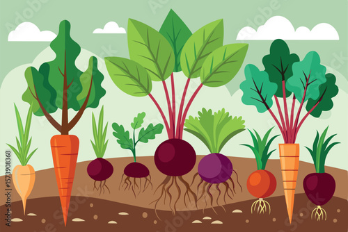 A variety of cartoon vegetables are growing in a garden, including carrots and beets