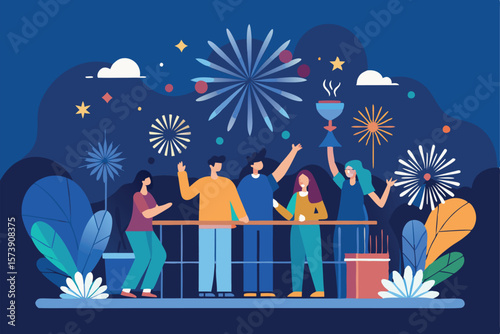 A group of cartoon people are celebrating with fireworks in the night sky at a party