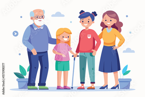 A multigenerational cartoon family is standing together, showing love and support for each other