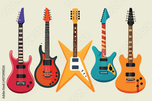 A collection of colorful electric guitars in various styles are displayed together