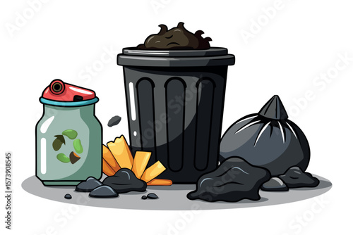 A collection of trash and recycling items are scattered around a garbage bin