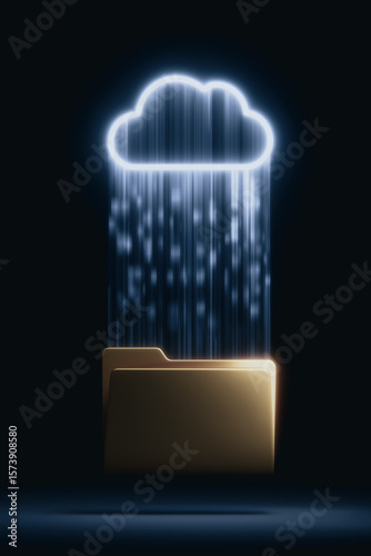Cloud Data Flow: A digital rendering showcases data pouring down from a luminous cloud into a golden folder, symbolizing secure information storage and seamless transfer of technology.