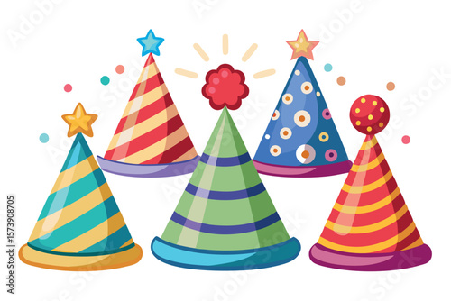 A collection of colorful party hats are ready for a festive birthday celebration