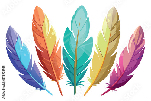 A vibrant collection of colorful feathers isolated on white background, perfect for boho designs