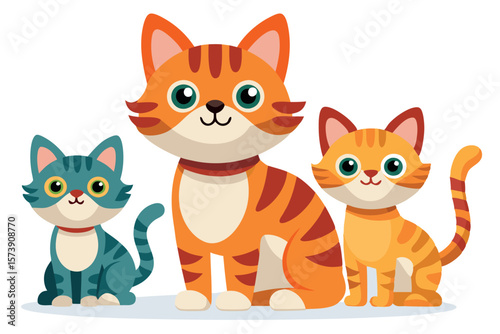 A group of adorable cartoon cats isolated on white background, perfect for childrens designs