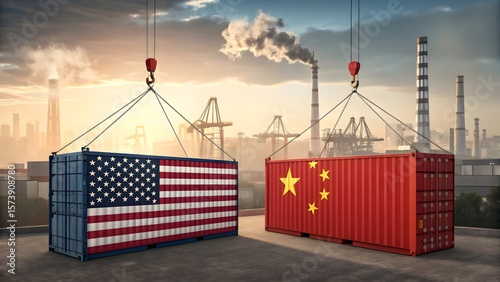Us and china trade containers suspended by cranes in industrial port at sunset