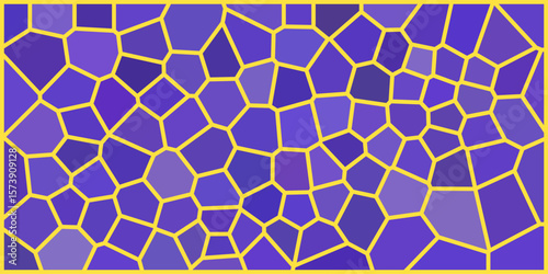Abstract mosaic pattern with irregular purple tiles outlined in bright yellow, creating a dynamic, web-like design with varying shapes and shades of violet and blue.

