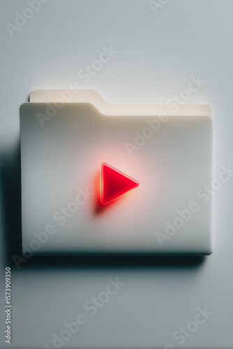 Digital Play Folder: An emblematic folder with a striking illuminated play button signifies digital media and entertainment. It's a modern concept suitable for various platforms, with crisp details.