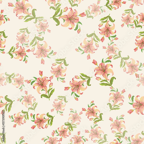 Orange and green lily flowers seamless pattern on beige background. Realistic elegant lily flowers patterns for textile, fabric, bedding, wallpaper.