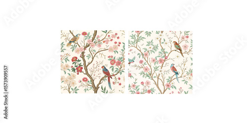 Print   Blossom trees with sparrow and parrots Seamless pattern, background. Vector illustration. In Chinoiserie, botanical style