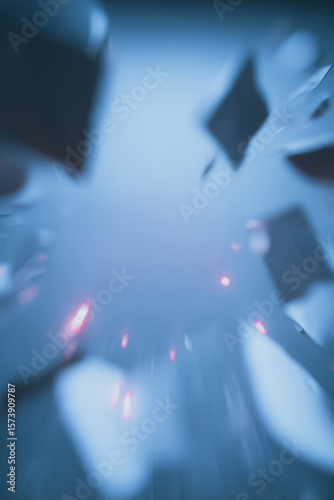 Fragmented Dynamics: An abstract visual narrative of shattered forms and particles exploding outwards in a dynamic and evocative composition. The fragments appear to be in a deep space.
