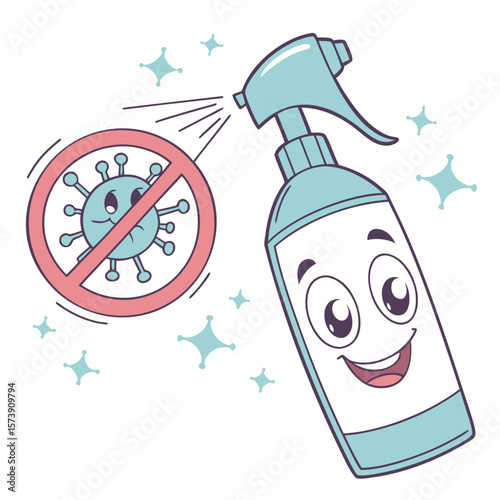 Cartoon cleaning spray bottle fighting against virus with anti-germ symbol