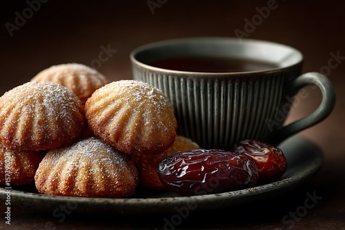 **A Festive Tray Of Arabian Date Maamoul Cookies, Some Dusted With Powdered Sugar And Some Plain, Arranged Beside A Tea Cup. Background Is Traditional With Soft Golden Lighting. Copy Space On The Top.