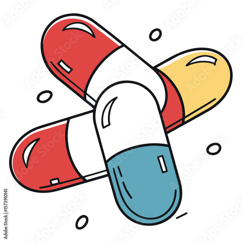 Two Colorful Capsules with Small Bubbles Floating Around Them Illustrating Medical Treatment or Medication