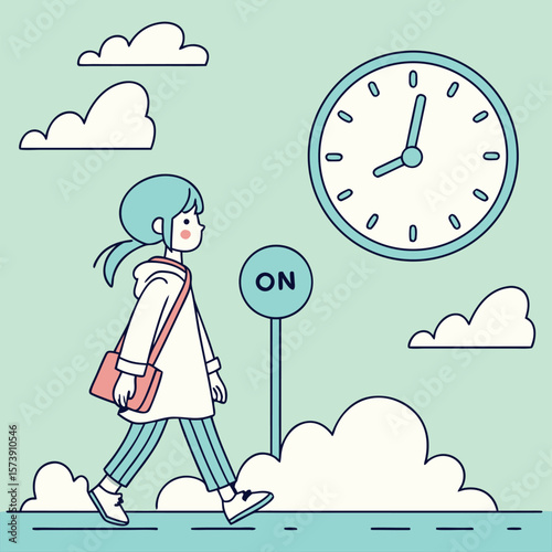 A young person walking towards a clock indicating the passage of time