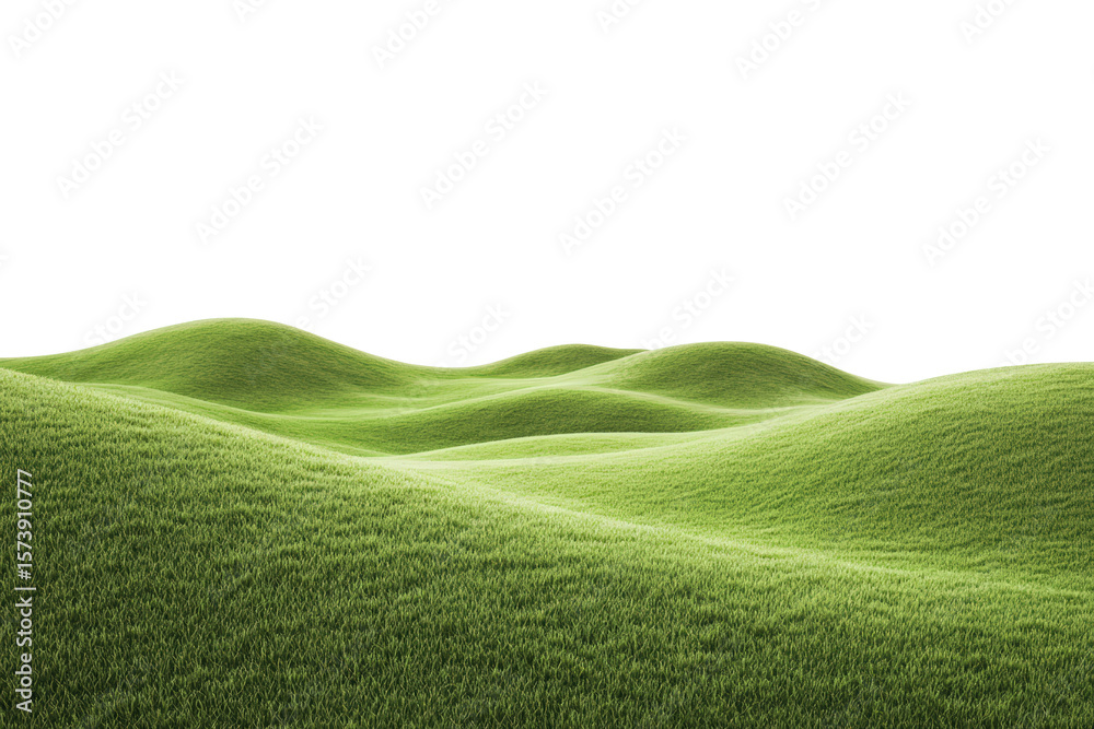 Fototapeta premium Rolling Green Hills: Serene landscape of gently rolling green hills, covered in lush, vibrant grass under a bright, clear sky. The soft curves of the hills create a sense of calm and natural beauty.
