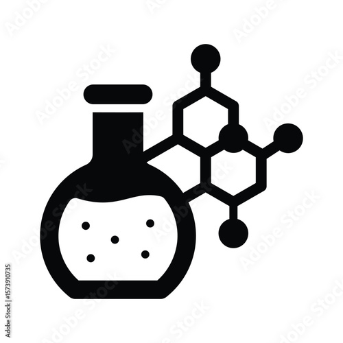 A glyph style icon of organic chemistry flask with compound structure