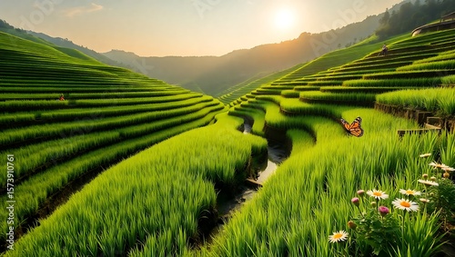 Lush green rice terraces landscape with butterfly and flowers