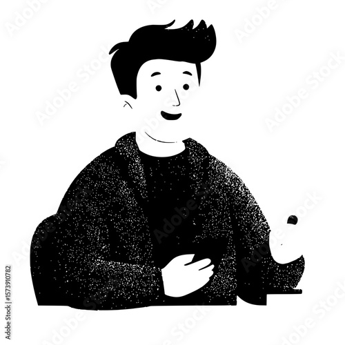 Flat Vector Illustration of Man Smiling While Holding Medicine Tablet at Table, Round Shapes, Simple Details, Light Blue Circle, Red Vest, Black Hair, High Resolution, Professional Palette