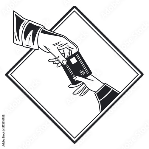 Seamless Transaction Between Two Hands Exchanging a Payment Card Within a Diamond Frame