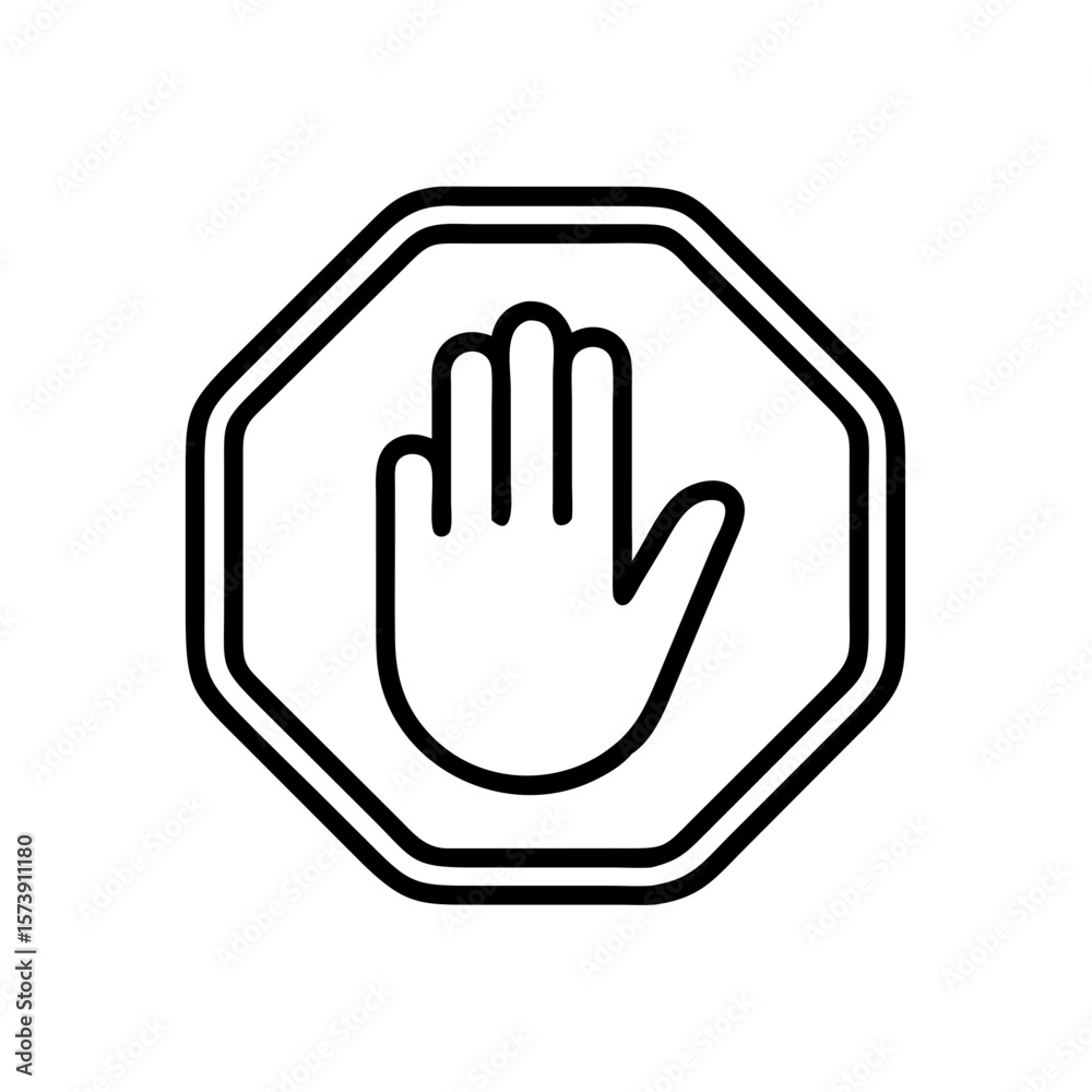 Fototapeta premium Stop sign outline with hand depicts traffic warning and safety, shows symbol. Black and white stop sign shows a traffic signal, warning and safety in public places.