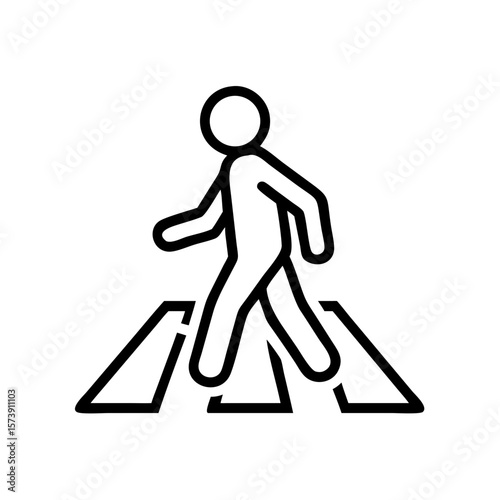 Crosswalk symbol in simple line drawing depicting a pedestrian, black and white. Crosswalk symbol for web, mobile, or print media with bold, minimalist design.