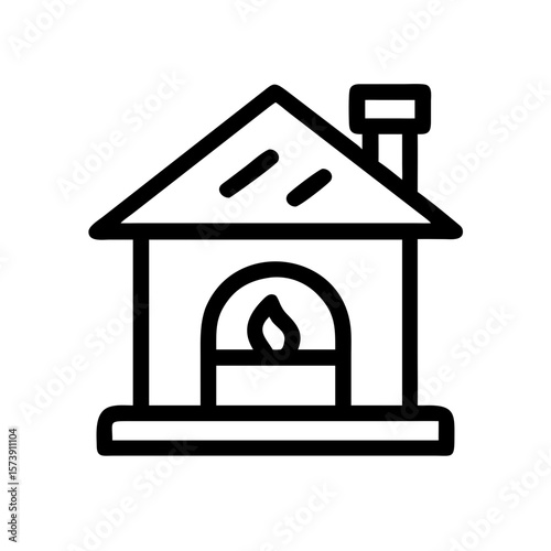 Cozy house depicted as a minimalist outline with chimney and glowing window, cozy house creating a warm feeling. This simple design of a cozy house suggests the concept of home, shelter, and comfort.