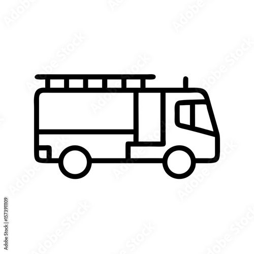Fire truck icon shown in minimal outline style. Fire truck represents fire department services in a basic design, easily recognizable. Fire truck drawing for emergency service information.