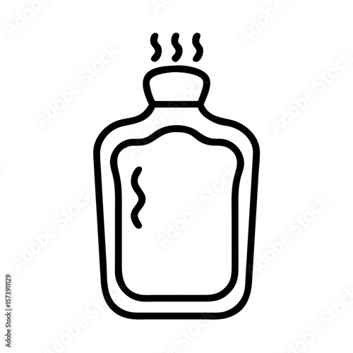 Hot water bottle outline icon showing steam, perfect for cold days. Hot water bottle illustration offers cozy warmth and comfort. Representing health care and wellbeing.