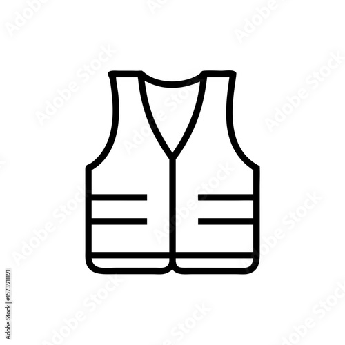 Safety vest icon in simple line drawing style, displaying personal protection and occupational safety. Safety vest representation illustrates workplace gear.