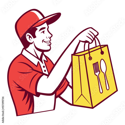 Happy delivery man holding a yellow bag with cutlery symbols for food service